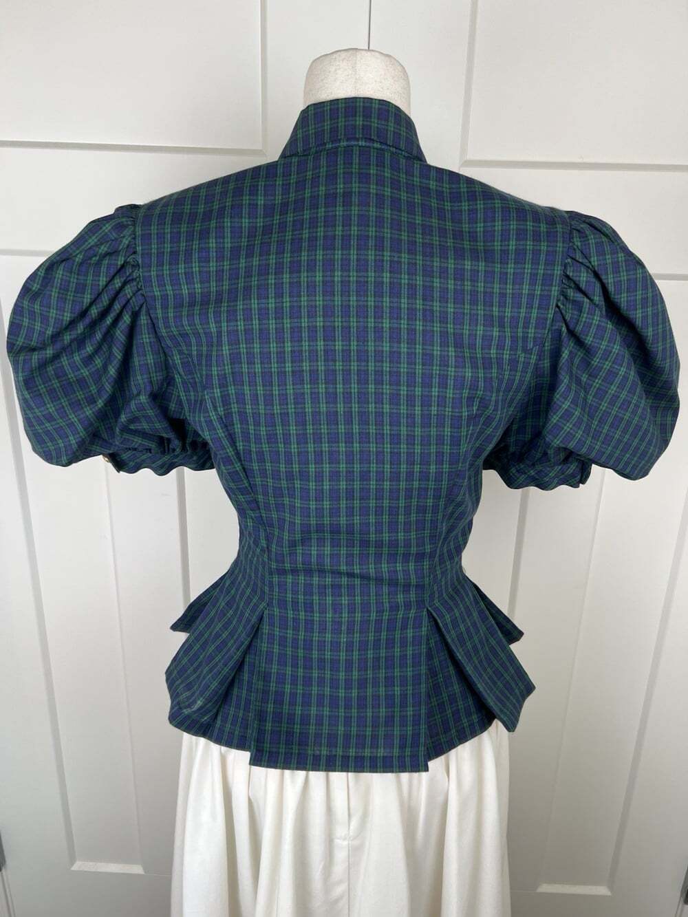 Vintage 80s Leslie Lucks Tartan Plaid Puff Sleeve Peplum Blouse Skirt Set XS - Picture 11 of 16